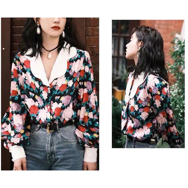 [Young girl series] ★Retro Shirt★ Tops Floral Shirt Print Women's Easy to match S M L XL