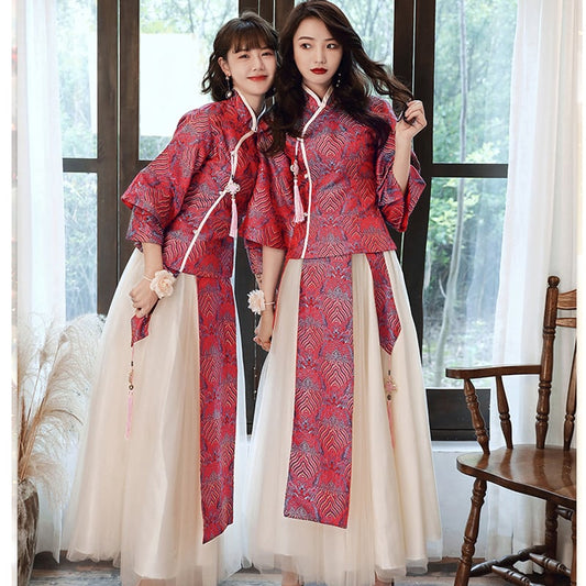 [Paper-dyed series] ★Party dress★ Chinese style tops + long skirt 6color SML LL 3L 4L Red