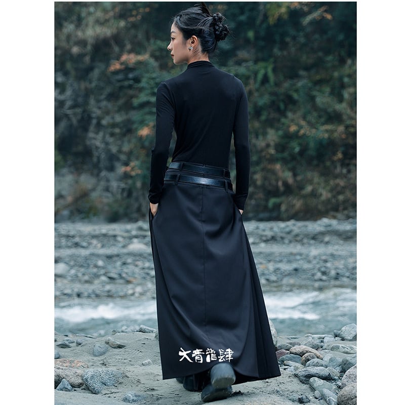 [Big Blue Dragon Series] ★China style skirt★ Bottoms with belt, black, high-looking, slimming, improving temperament