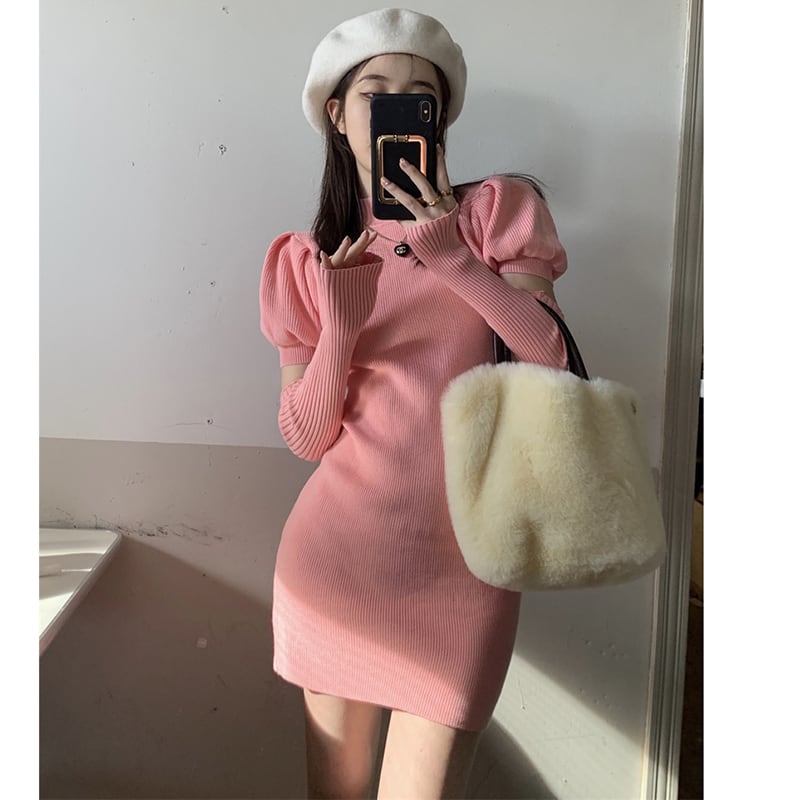 [SHIJI series]★Knit dress★ 4color Christmas cute New Year date wine red beige black pink