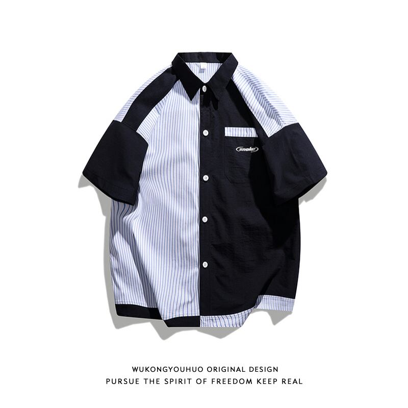 [Satoru Series]★Shirt★ Tops 2color Unisex Men's Striped Pattern Unique Switching Dark Blue White