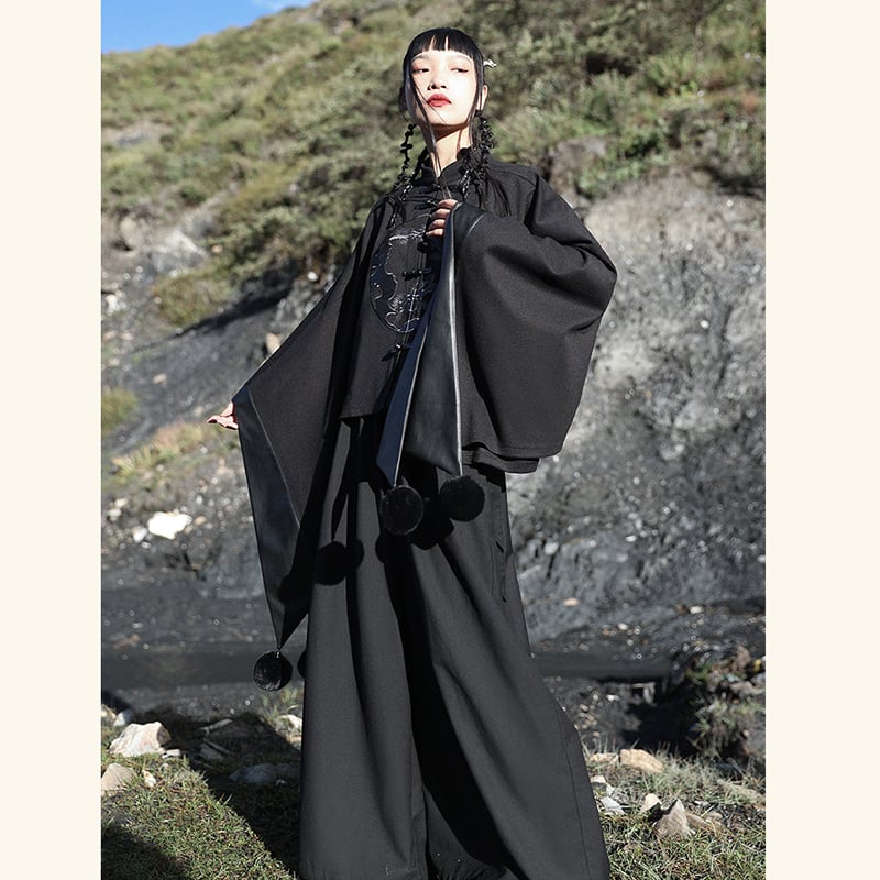 [Da Qinglong Shu Series] ★China style outerwear★ Cloak coat Rasha embroidery Chinese clothing Black Black Irregular