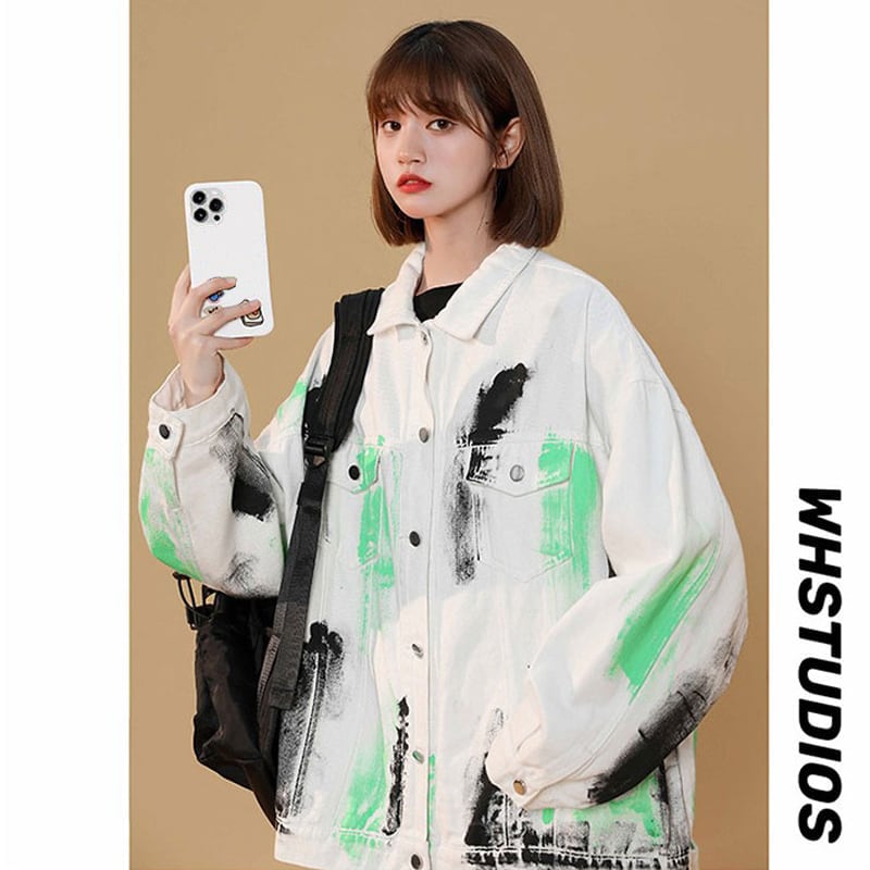 [Fujiiman Series] ★Jacket★ 2color outer denim unisex graffiti unique couple clothes retro oversize