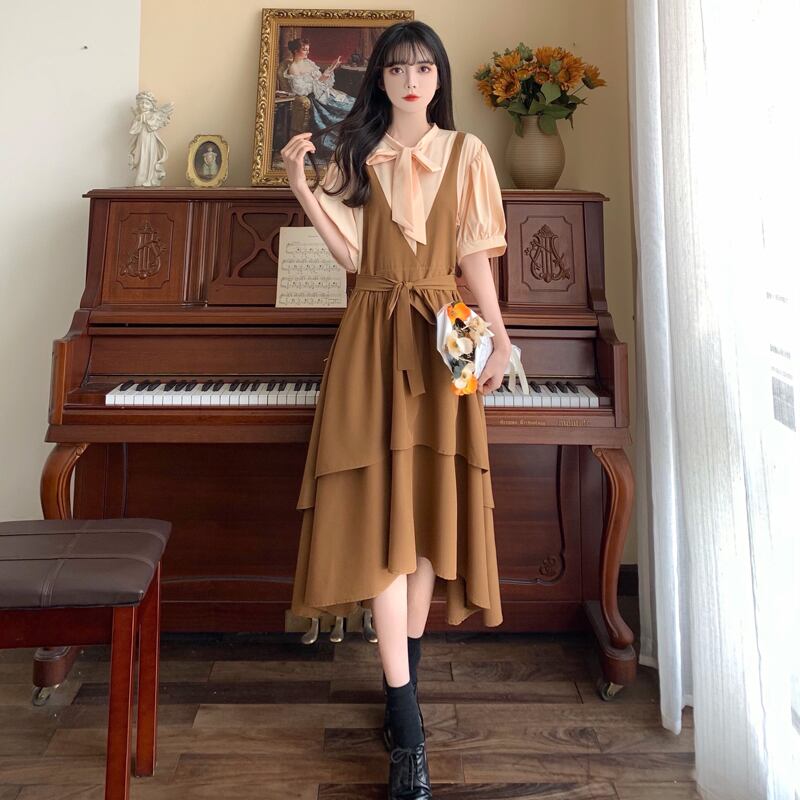 [Dong Xiaojie Series] ★Dress★ Large Size Faux Layered Ribbon Switching Short Sleeve Brown