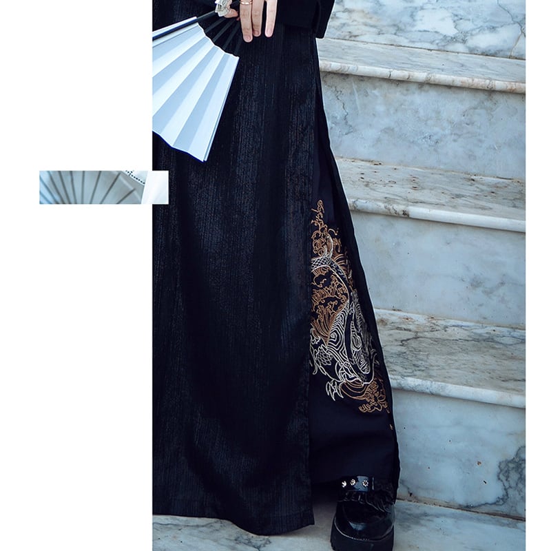 [Kyodo Series] ★China style gaucho pants★ Wide pants, unisex, couple clothes, men's, embroidery, dragon, elastic waist