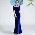 Load image into Gallery viewer, [Encounter dress series] ★Cheongsam dress★ Mermaid line velvet Improves temperament Maxi length Blue Blue Large size
