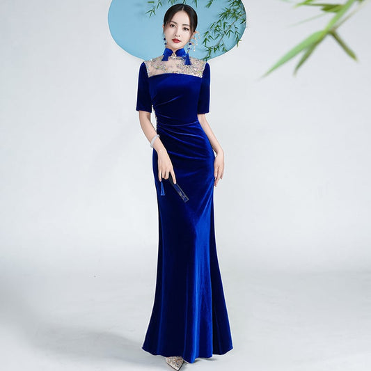 [Encounter dress series] ★Cheongsam dress★ Mermaid line velvet Improves temperament Maxi length Blue Blue Large size