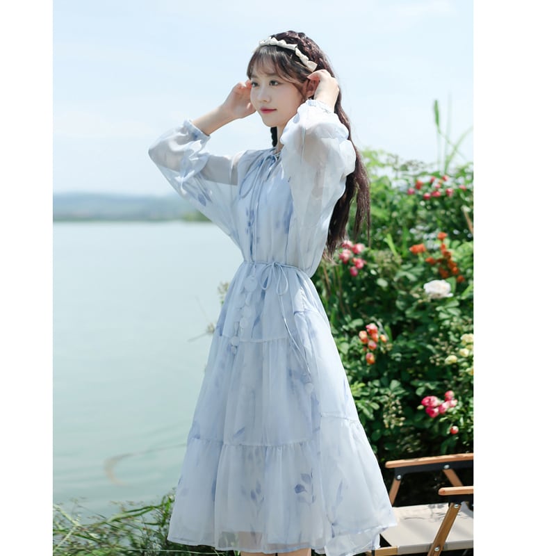 [Hakushu Series] ★2-piece dress set★ Hanging dress + long sleeve dress + chiffon Blue Blue Cute