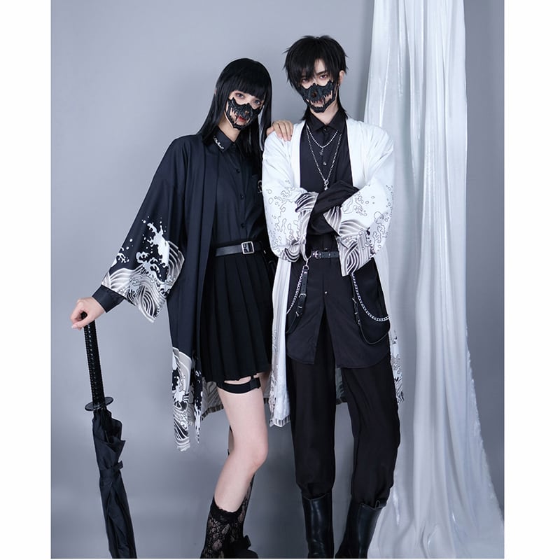 [Kuraho Koya Series]★China style happi coat★2color black or white wave pattern print chiffon improved Hanfu Hanfu coat thin