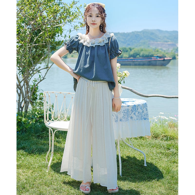 [White Sake Series] ★ Gaucho Pants ★ Bottoms Elastic Waist Plain Ladies Date Improves Temperament Simple