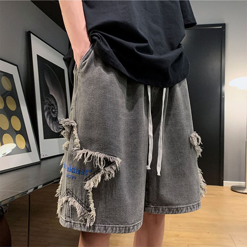 [Leonbinno Series] ★Shorts★ Denim pants 3color Casual Star Unisex Men's Gray Black Light Blue