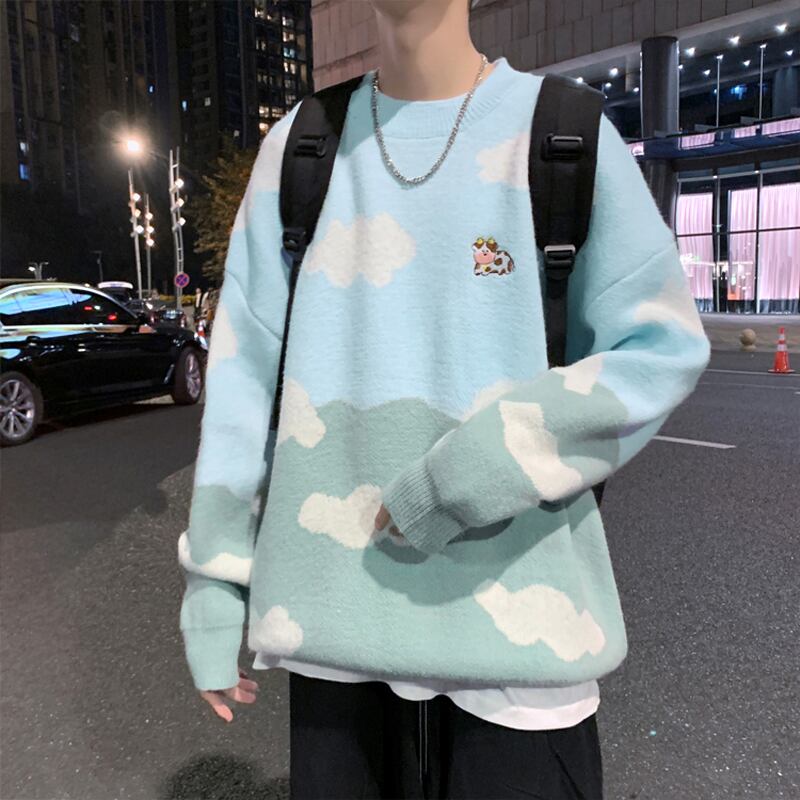 [Tokimi Series] ★Sweater★ 2color Knit Tops Unisex Men's Cloud Cow Blue Blue Color Scheme Cute