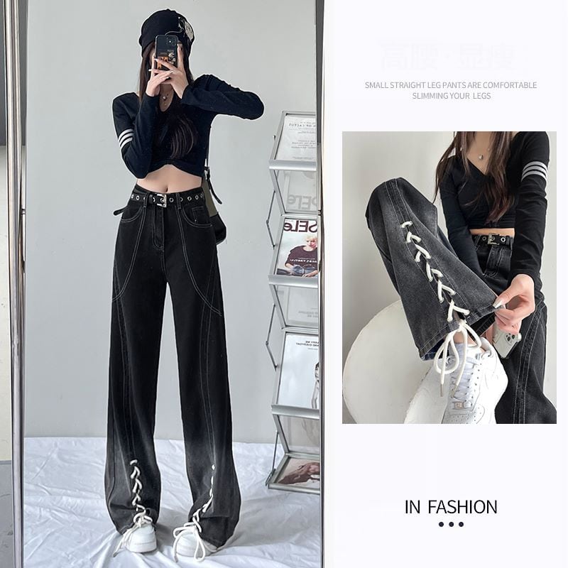 [YOUYAGE Series] ★Denim Pants★ Bottoms Trousers Casual Gradient Ladies Black Black