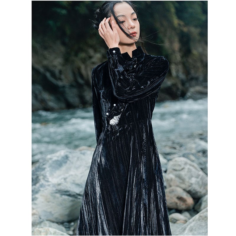 [Da Qinglong Shu Series] ★China style dress★ Improved cheongsam dress velvet long length black black improves temperament