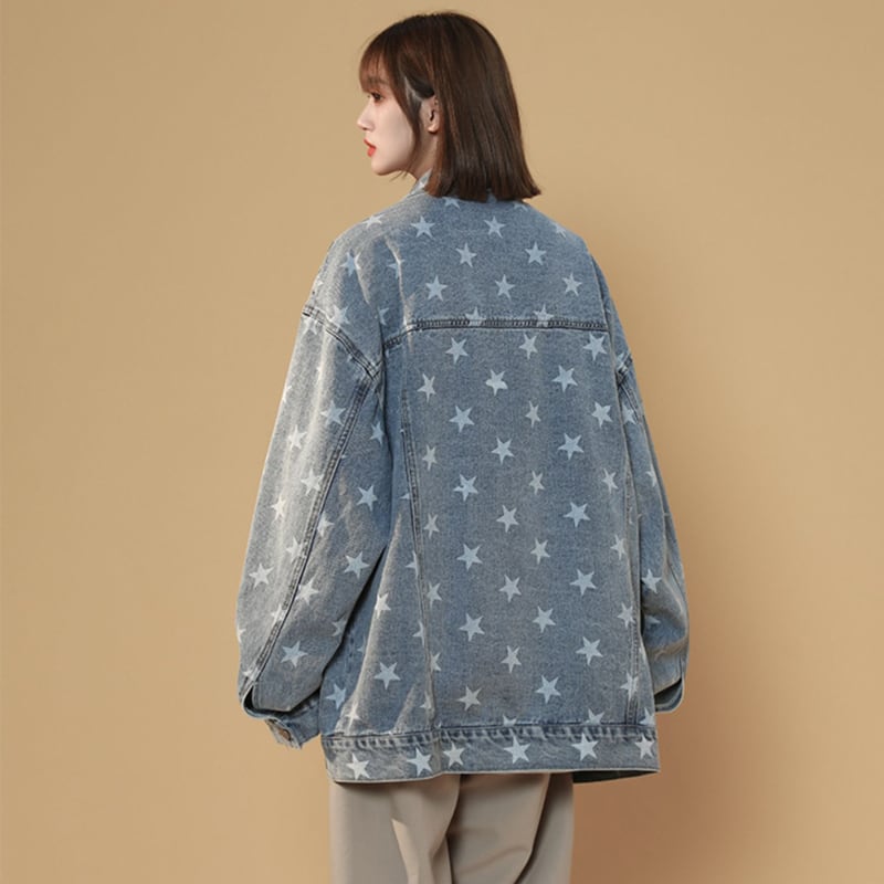 [FKZ Series]★Jacket★ 2color Denim Jacket Unisex Men's Star Pattern Print Black Blue