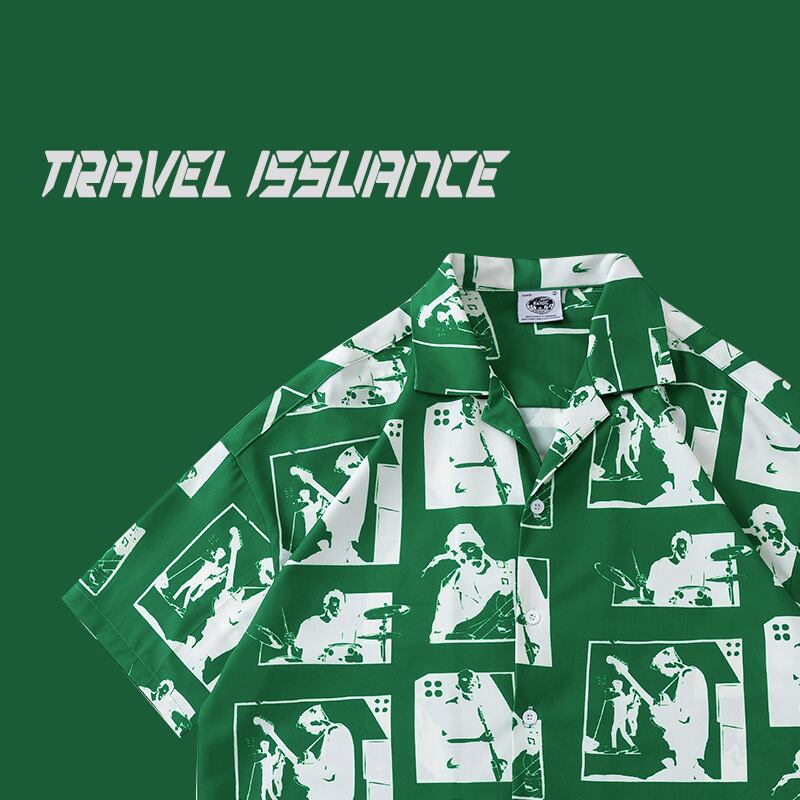 [TRAVEL ISSUANCE Series]★Retro Shirt★ 4color Graffiti Print Unisex Men's Red Green White Black