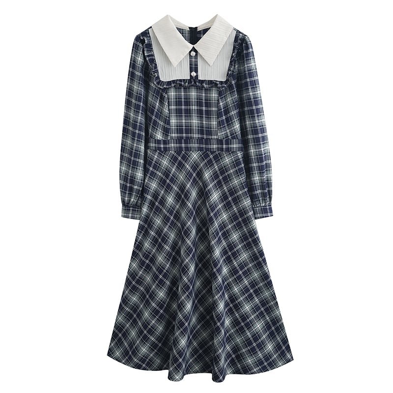 [Big Orange Series] ★One Piece★ Plaid Retro Ladies Commuting Date School Blue Blue Cute