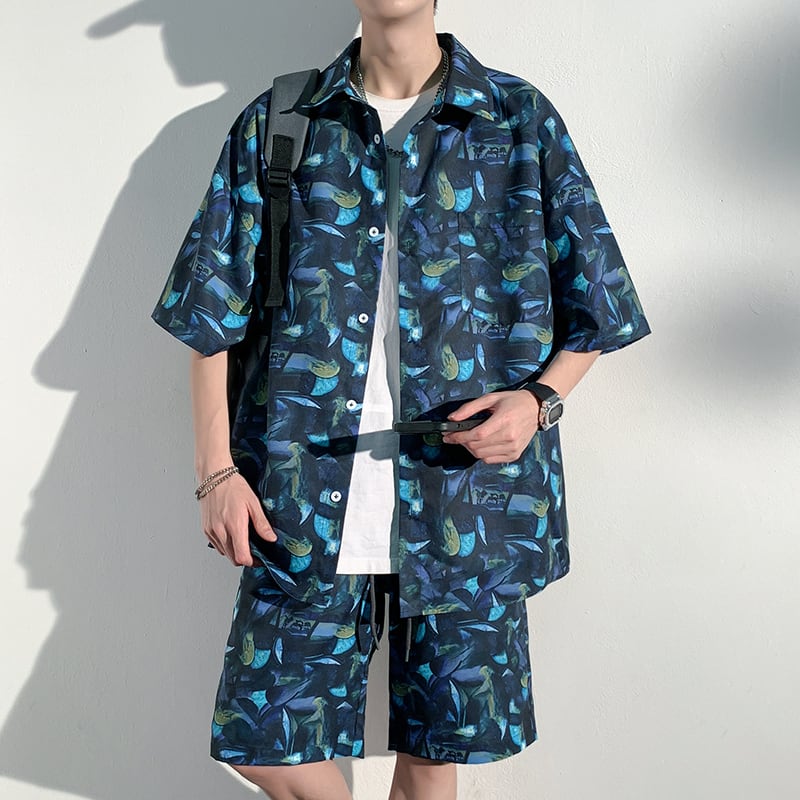 [KCSJ Series]★Setup★ Shirt + Shorts Unisex Men's Large Size Blue Blue Aloha Shirt Hawaii Beach