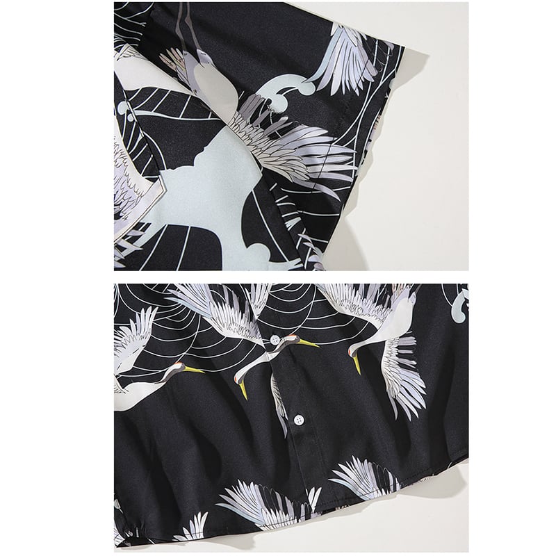 [YISHUO Series]★Shirt★ Tops, short sleeve shirt, unisex, men's, large size, crane pattern print