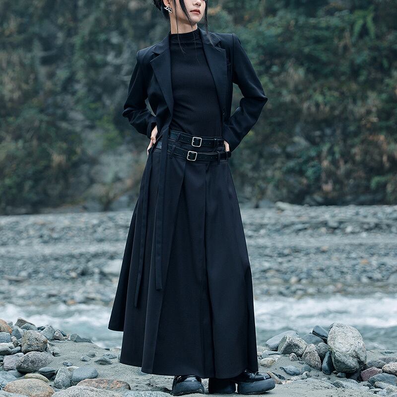 [Big Blue Dragon Series] ★China style skirt★ Bottoms with belt, black, high-looking, slimming, improving temperament