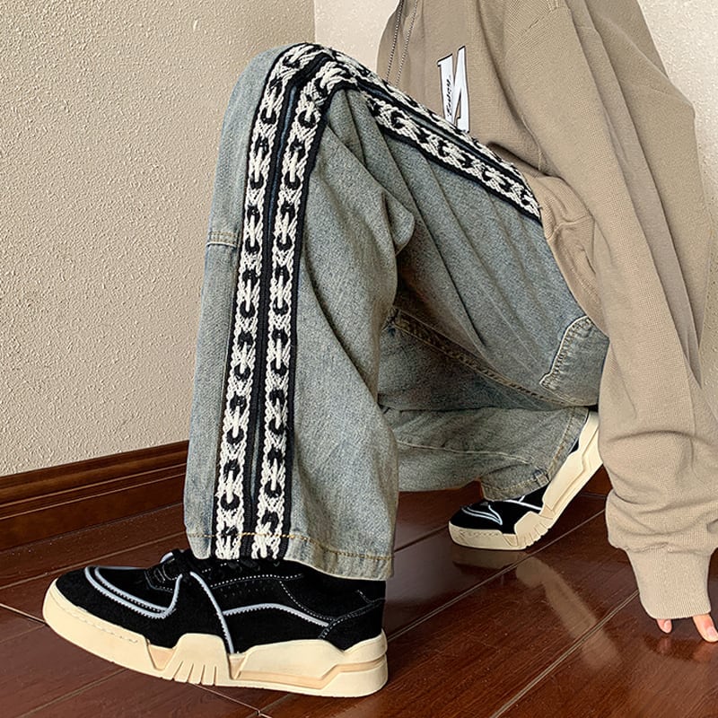 [High Series]★Casual Pants★ 2color Trousers Bottoms Denim Pants Vertical Stripes Plaid Pattern Blue Black