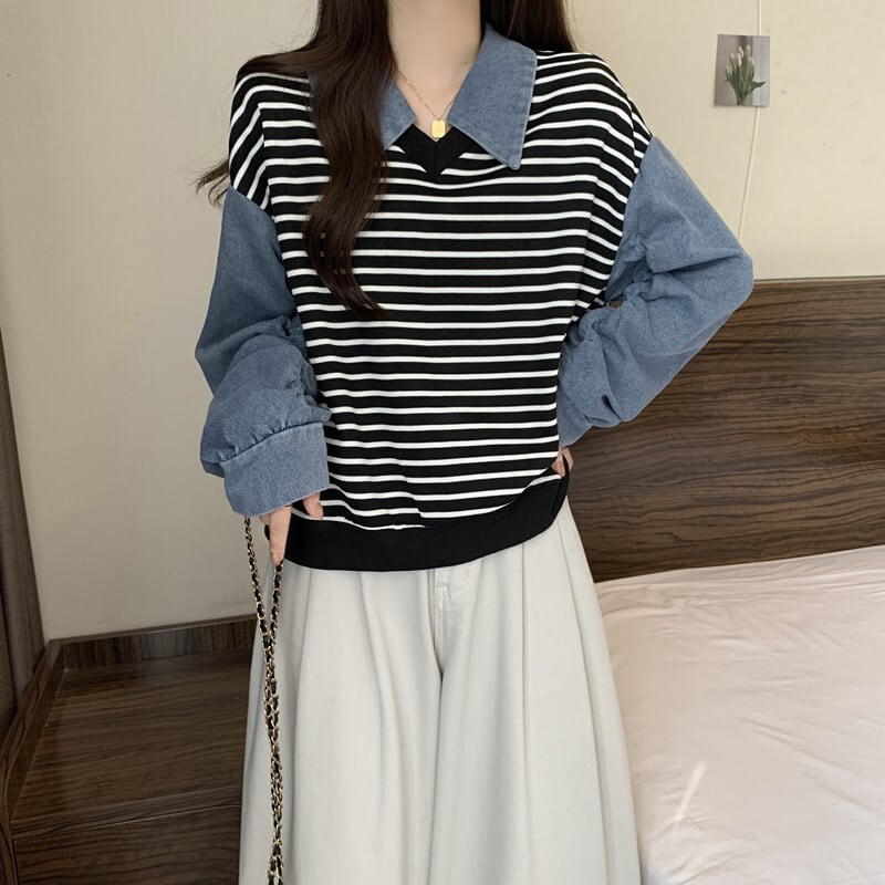 [DUOBAO series]★POLO shirt★ 2color tops, long sleeves, fake layered, slimming, large size, horizontal stripes, striped pattern