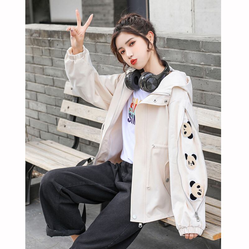 [QIZHI Series]★Jacket★ 3color Outer Panda with Hat Cute Casual Black Beige Blue