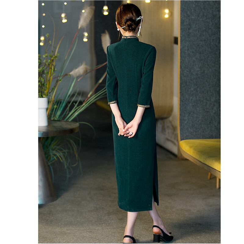 [Embroidery Series]★Cheongsam dress★ Dress, large size, long length, green, slimming, improving temperament