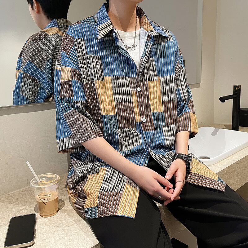 [TIAOTA Series]★Shirt★ Tops Unisex Men's Summer Clothes Easy to Match Plaid Summer Clothes Hawaii Aloha Shirt