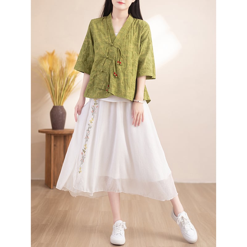 [Qing series] ★China style tops★ Shirt 3color cotton linen V neck literary style blue green beige