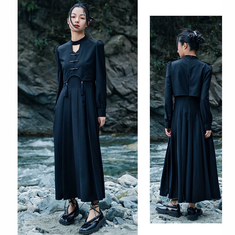 [Big Blue Dragon Series] ★China style dress★ Faux layered retro black black design