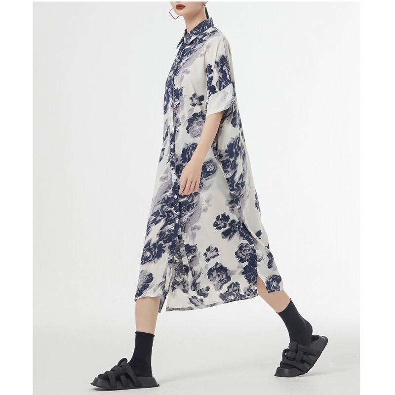 [YIDAO Series]★Shirt dress★ 2color long shirt print retro floral pattern loose casual summer clothes