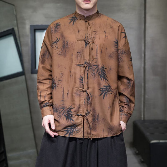 [JUNYI series]★China style shirt★ Tops 2color Unisex Men's Large size Bamboo Bamboo pattern Beige Coffee color