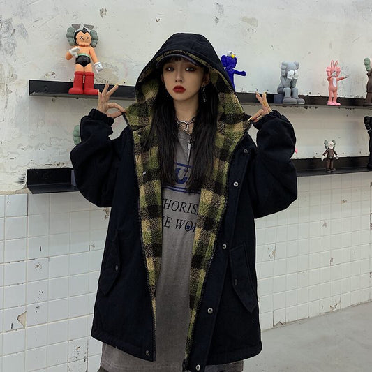 [Style Series]★Outerwear★ Jacket, Unisex, Men's, Can be worn on both sides, Plaid pattern, Hood, Loose, ML, XL