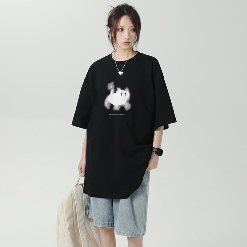 [LIEQU Series]★T-shirt★ 3color Tops Loose Summer Clothes Unisex Men's Cat Black White Easy to match