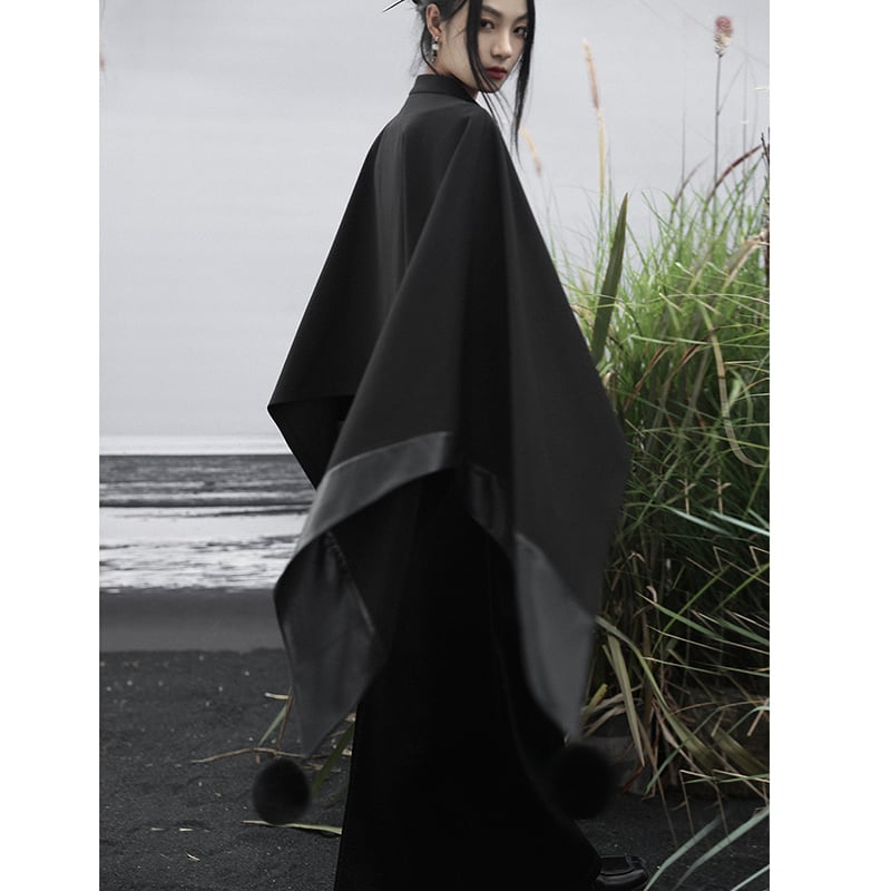 [Da Qinglong Shu Series] ★China style outerwear★ Cloak coat Rasha embroidery Chinese clothing Black Black Irregular