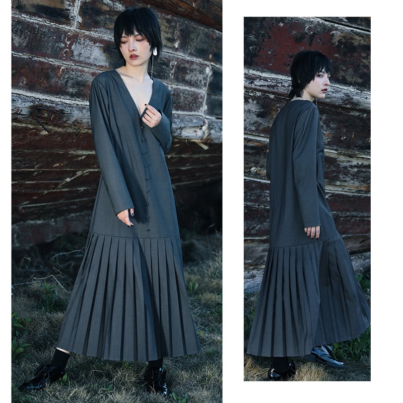 [Daiseiryushu Series]★Setup★ 2-piece V-neck dress + shoulder straps, improves temperament, gray, gray, long length