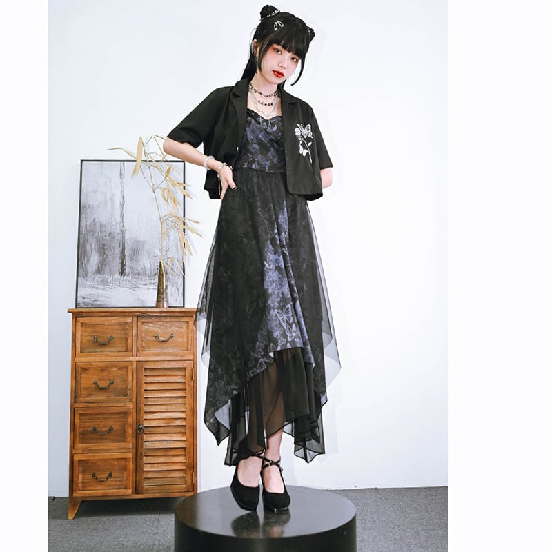 [Ancient monster house --- Butterfly series] ★China style dress★ Hanging dress Butterfly pattern print Long length Cute