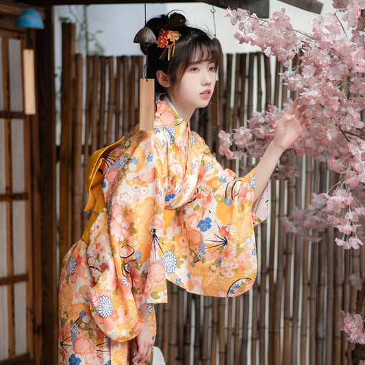 [Aoki Gen Series]★Yukata + Obi★ Yukata Yukata Fireworks Festival Festival Women Japanese Style Date Floral Cute Yellow Yellow