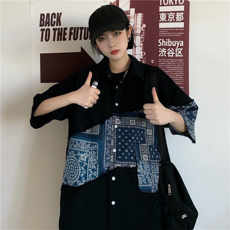 Time sale now on! ! [Style Series]★Shirt★ Tops Floral Pattern Switching Short Sleeve Shirt Unisex Print Men's Women's Black Black