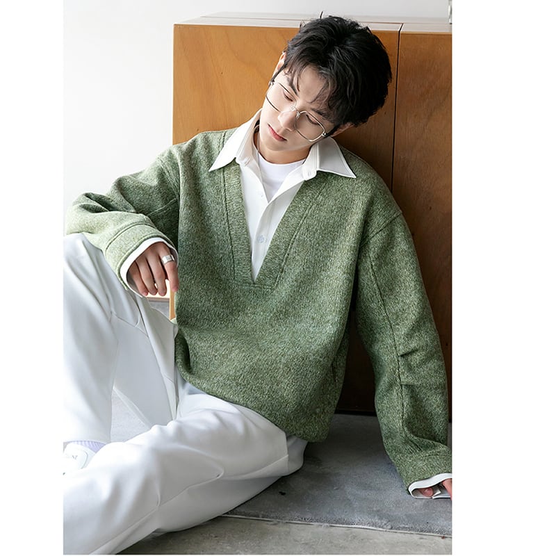 [CHICERRO series]★Sweater★ 2color tops fake layered unisex men's blue green