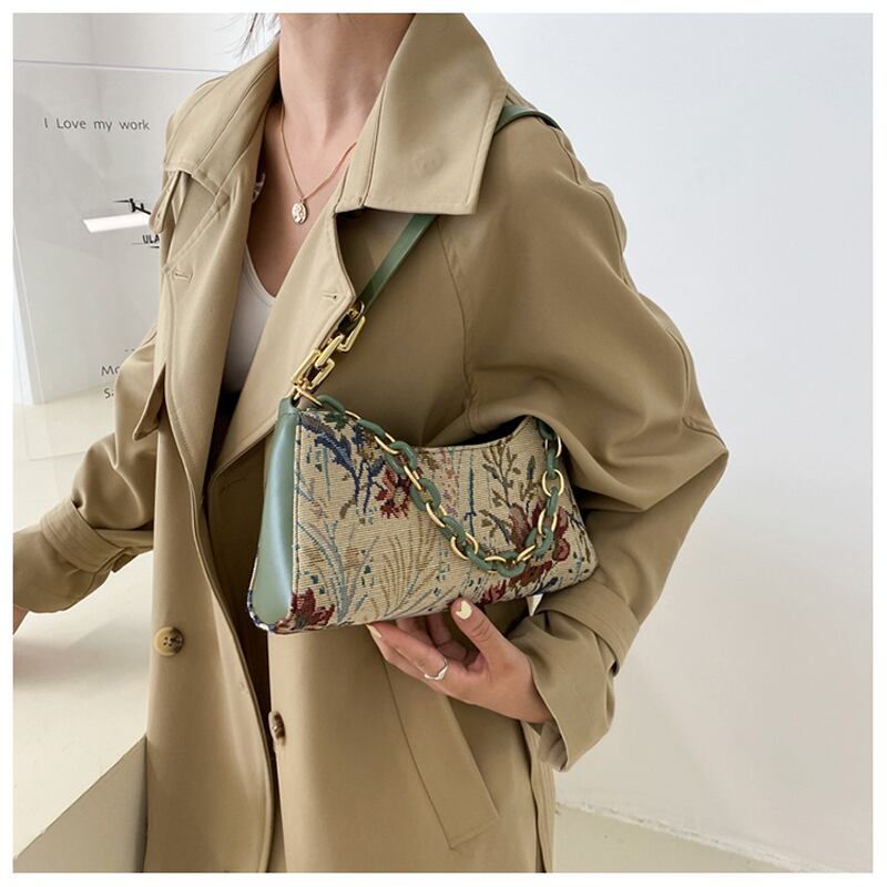 [ANDCICI Series] ★China style bag★ Oil painting style 2color floral pattern cute date commuting OL office blue green