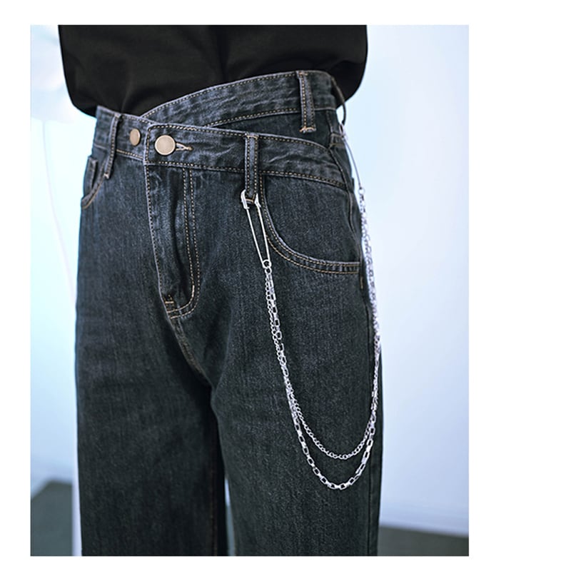 [Kokaisha---Tide Law Series] ★Denim pants with chain★ 2color bottoms slimming black gray blue SML XL