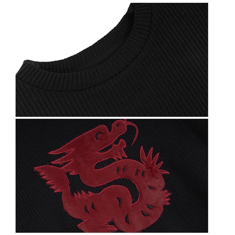 [Big Blue Dragon Series] ★Chinese style sweater★ Knit tops Dragon crest Chinese clothing Black Black Irregular