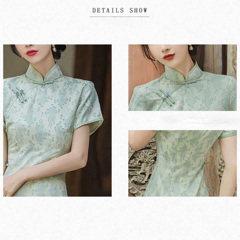 [Queen Series] ★China-style dress★ Improved cheongsam dress Improves temperament Short sleeves Green Green S M L XL