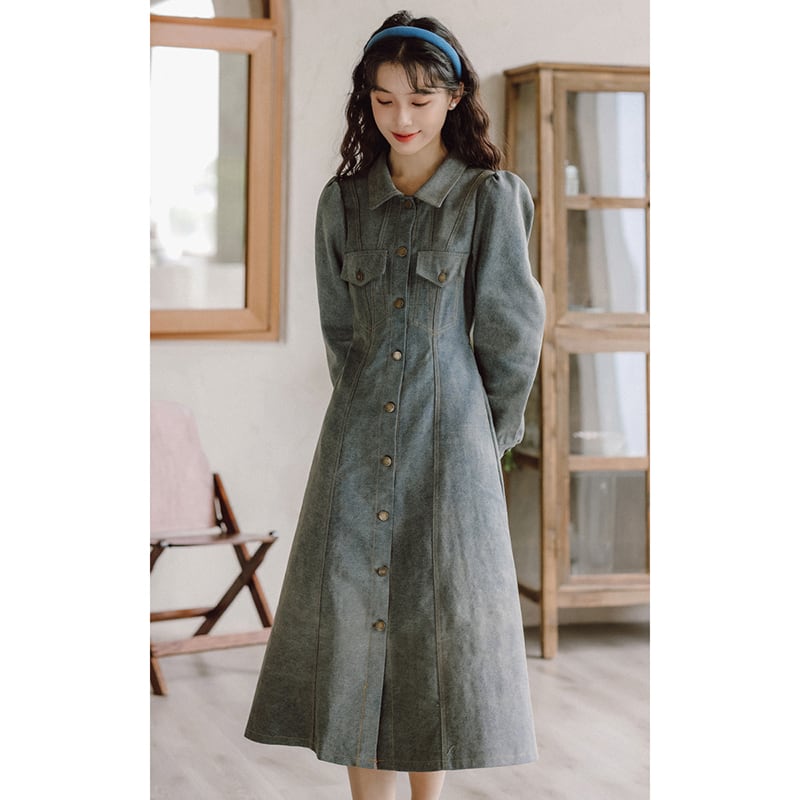 [YUJIAN Series] ★Dress★ Denim dress Retro Easy to match Date Improves temperament Commuting Blue Blue