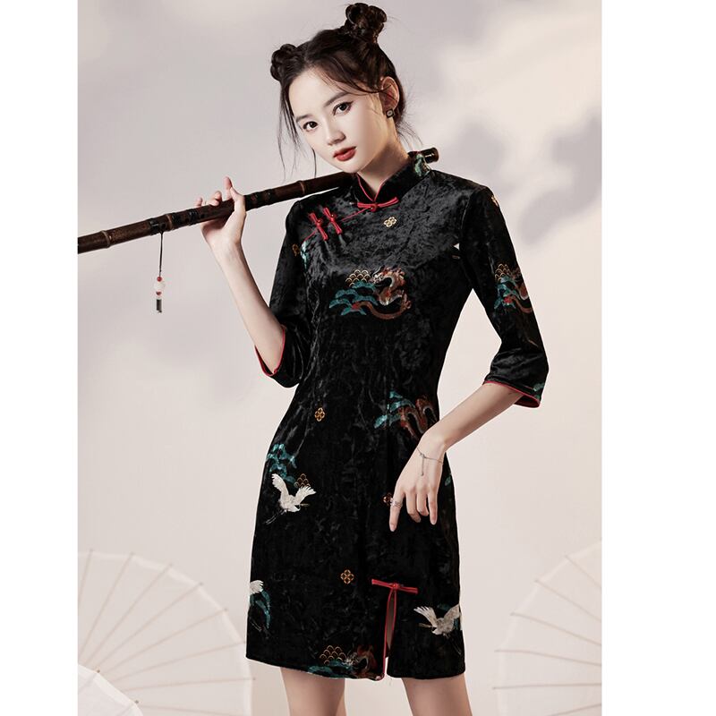 [YUEQIAO Series]★Cheongsam dress★Short length crane velvet Chinese style dress slimming