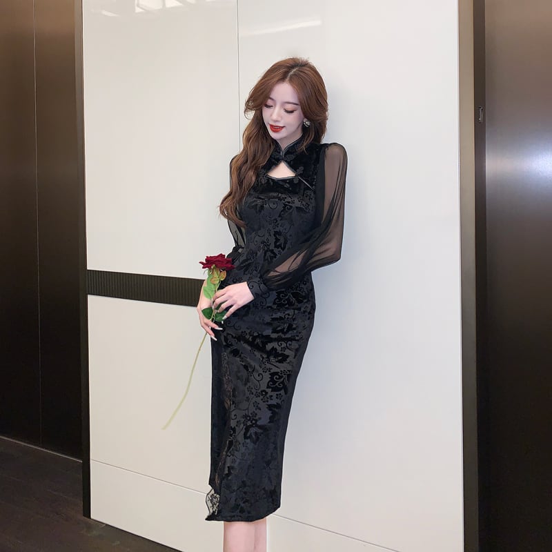 [Hundred Minute Eight Series] ★Cheongsam Dress★ Velvet Switching Floral Pattern Slimming Sexy Black Black SML XL