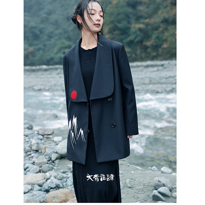 [Big Blue Dragon Series] ★China style coat★ Loose outerwear, embroidered, retro, easy to match, black, black