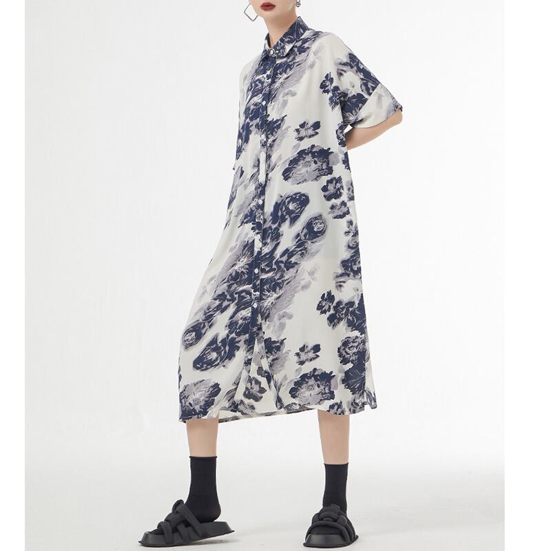 [YIDAO Series]★Shirt dress★ 2color long shirt print retro floral pattern loose casual summer clothes